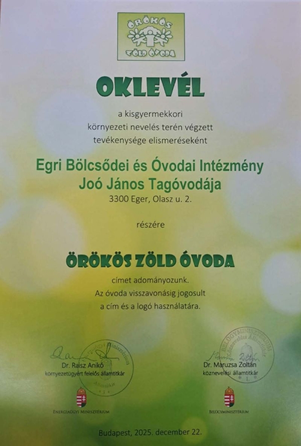 Örökös Zöld Óvoda cím